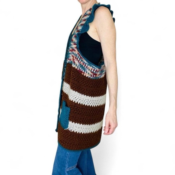 Vintage Handmade Brown & Teal Stripe Ruffle Crochet Hippie Long Sweater Vest - Picture 2 of 7
